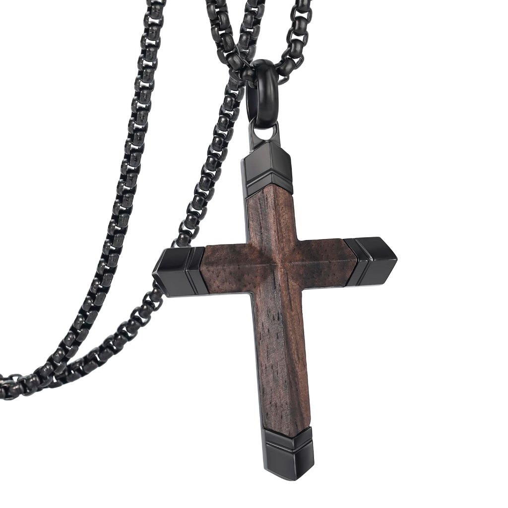 Stainless Steel Wood Cross Necklace Adjustable Chain Minimal Masculine Gift